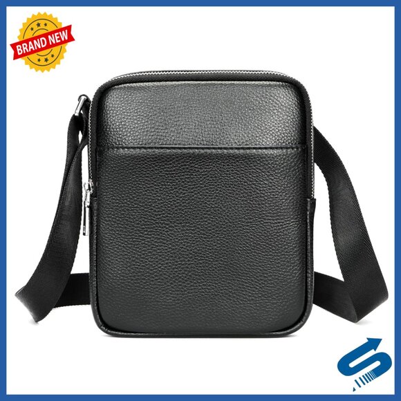 Genuine Leather Small Messenger Bag with Multiple Zipper Pockets